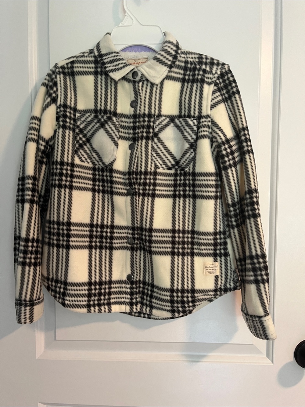 Youth Plaid Button-Up Fleece Shacket - Black & Cream Size 10-12
